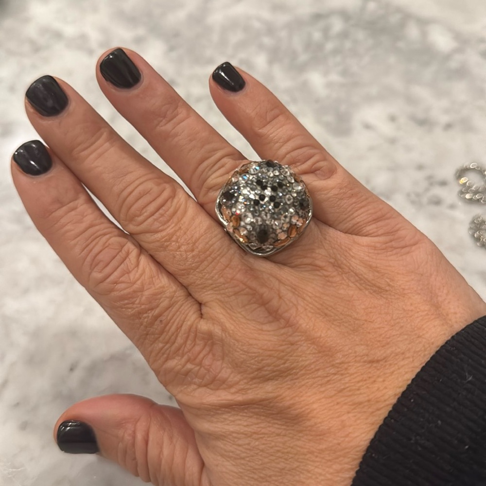 Crystal and silvertone dome ring